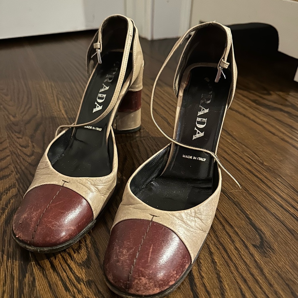 Vintage 1990s Prada Women's Two Tone Mary Jane Leather Heels 36.5